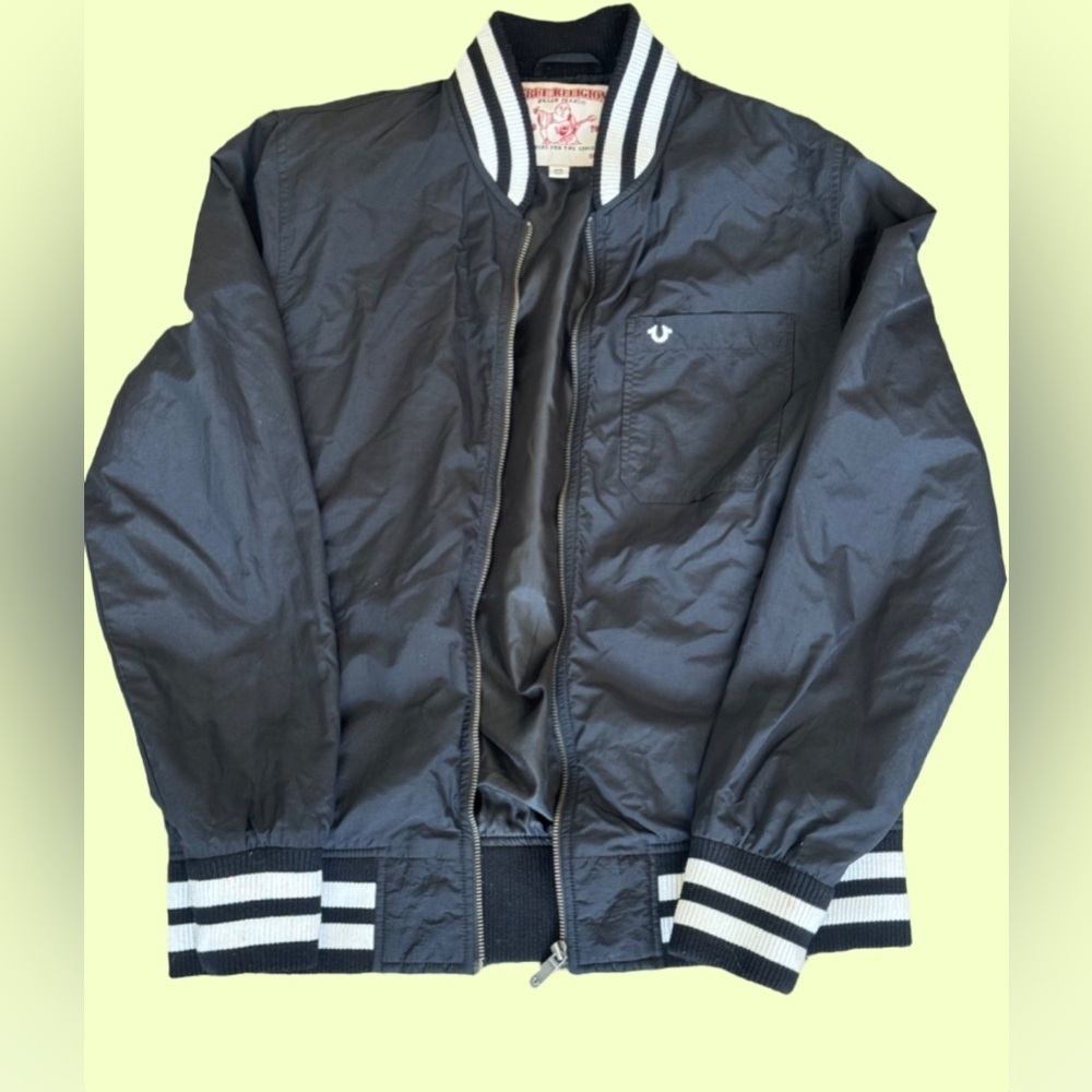 True Religion Black Bomber Jacket with Striped Accents